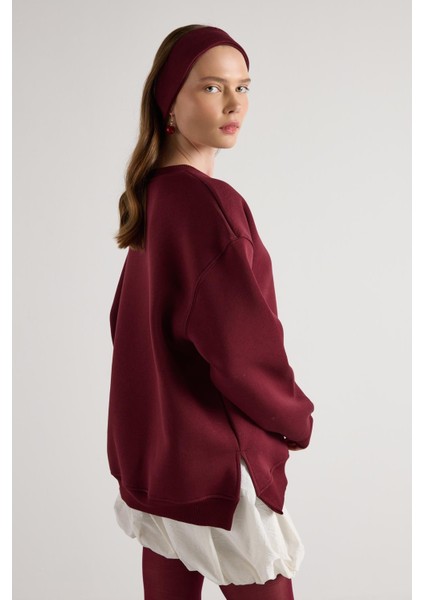 Kadın Bordo Basic Yırtmaçlı Oversize 3 Iplik Şardonlu Sweatshirts 30078