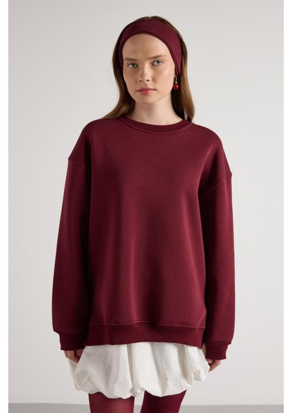 Kadın Bordo Basic Yırtmaçlı Oversize 3 Iplik Şardonlu Sweatshirts 30078 modelleri