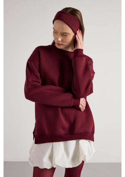 Kadın Bordo Basic Yırtmaçlı Oversize 3 Iplik Şardonlu Sweatshirts 30078 fırsatları