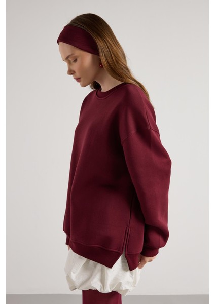 Kadın Bordo Basic Yırtmaçlı Oversize 3 Iplik Şardonlu Sweatshirts 30078