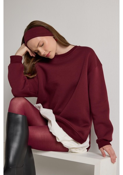 Kadın Bordo Basic Yırtmaçlı Oversize 3 Iplik Şardonlu Sweatshirts 30078