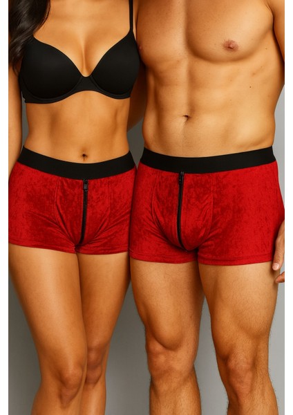 Erkek Fermuar Detaylı Yılbaşı Kadife Boxer, Çiftler Için Hediyelik Boxer Kadın Model NSM03KBX01