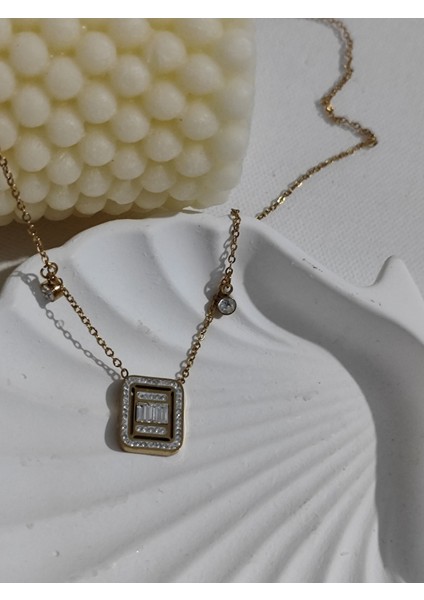 Baget Zirkon Taşlı Gold Paslanmaz Çelik Kolye