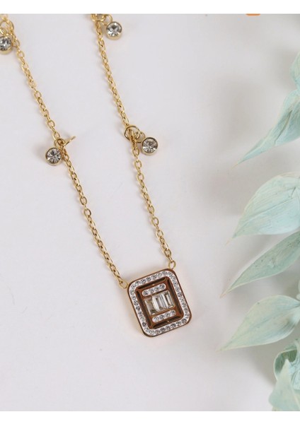 Baget Zirkon Taşlı Gold Paslanmaz Çelik Kolye