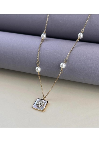 İnci Detaylı Yonca Taşlı Gold Kolye Paslanmaz Çelik fırsatları