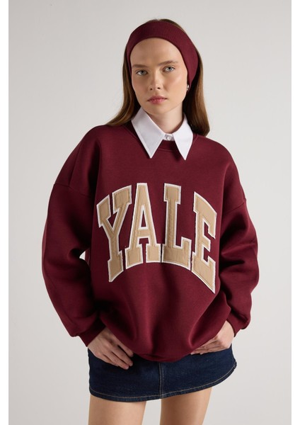 Kadın Bordo Nakışlı Şardonlu Oversize Sweatshirt 30080