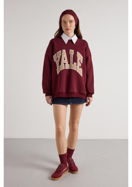 Kadın Bordo Nakışlı Şardonlu Oversize Sweatshirt 30080 fiyatları