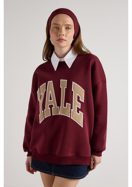 Kadın Bordo Nakışlı Şardonlu Oversize Sweatshirt 30080 modelleri