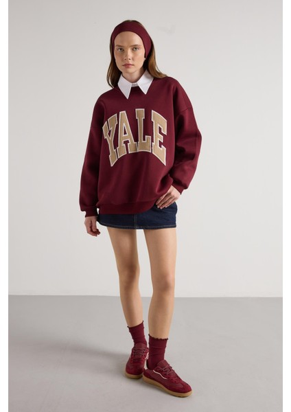 Kadın Bordo Nakışlı Şardonlu Oversize Sweatshirt 30080 fırsatları