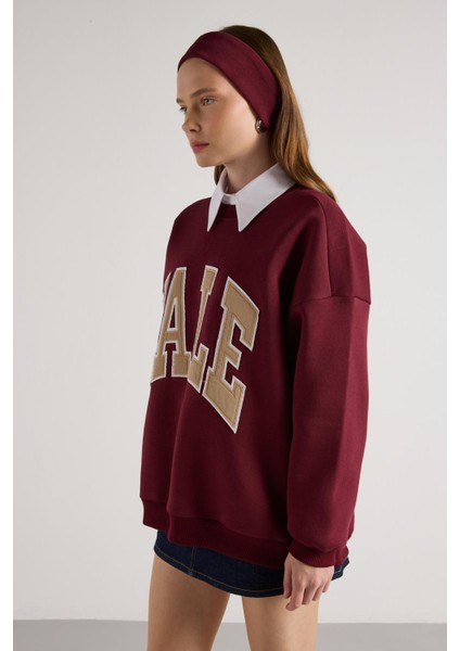 Kadın Bordo Nakışlı Şardonlu Oversize Sweatshirt 30080 indirimleri