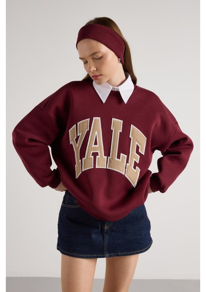 Kadın Bordo Nakışlı Şardonlu Oversize Sweatshirt 30080