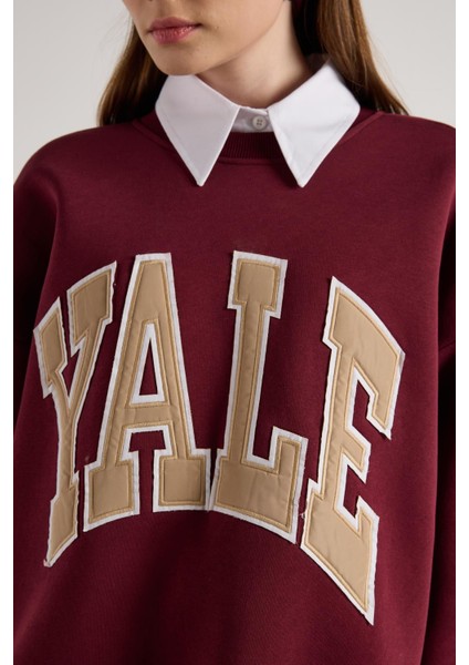 Kadın Bordo Nakışlı Şardonlu Oversize Sweatshirt 30080