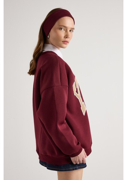 Kadın Bordo Nakışlı Şardonlu Oversize Sweatshirt 30080