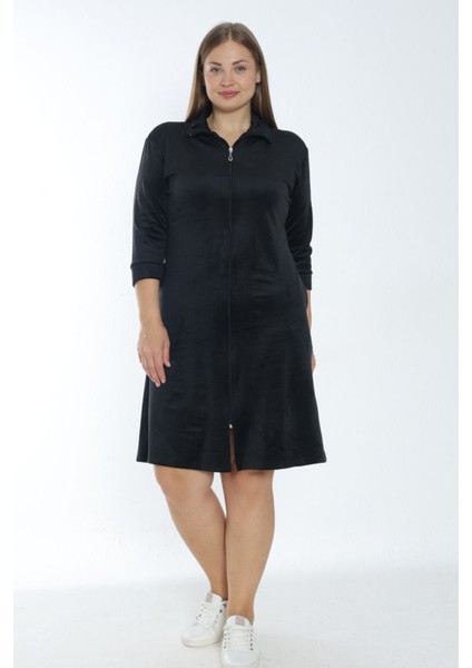 Kadın Siyah Truvakar Kollu Fermuarlı Cepli Soft Polar Büyük Beden Elbise
