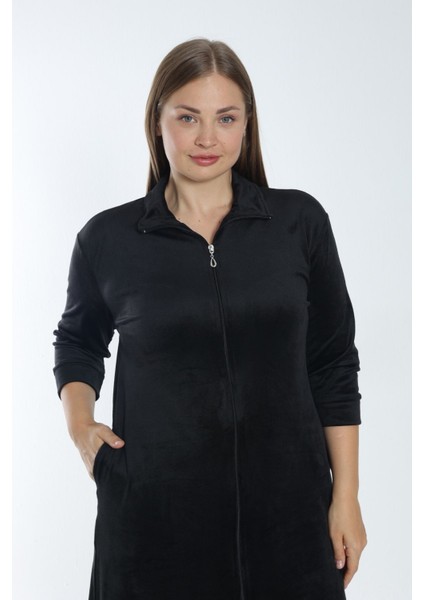 Kadın Siyah Truvakar Kollu Fermuarlı Cepli Soft Polar Büyük Beden Elbise modelleri