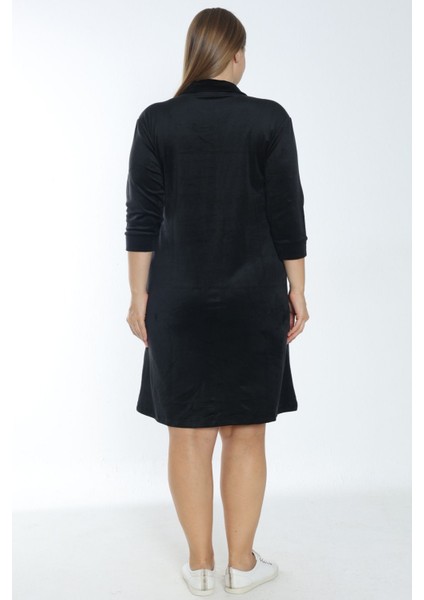 Kadın Siyah Truvakar Kollu Fermuarlı Cepli Soft Polar Büyük Beden Elbise indirimleri