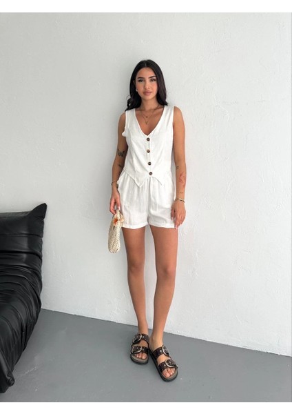 Mtxdpn Kadın Keten Şort Yelek Takım S3461 Krem (Beden: L) fiyatları