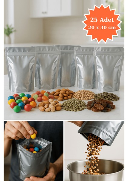 Kilitli Alüminyum Doypack Kahve Kuruyemiş Bakliyat Kedi Köpek Kuş Yemi Saklama Torbası 20X30 cm 25LI