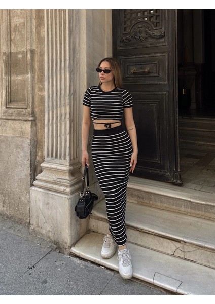 Mtxdpn Çizgili Etekli Takım Siyah S3609 (Beden: M) indirimleri