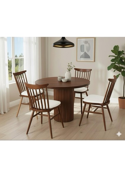 Doğal Ahşap Yuvarlak Nova Yemek Masası Takımı – 4 Kişilik Modern Scandinavian Stil