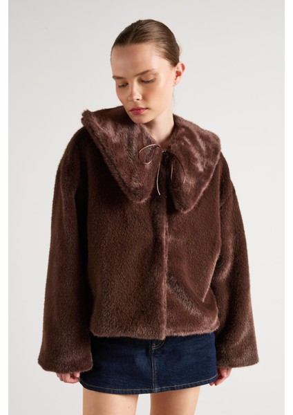 Kadın Kahve Seyyar Yakalı Tasarım Kürk Kaban 30082