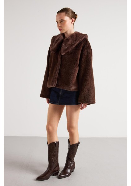 Kadın Kahve Seyyar Yakalı Tasarım Kürk Kaban 30082 modelleri