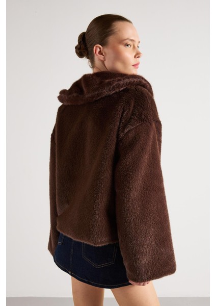 Kadın Kahve Seyyar Yakalı Tasarım Kürk Kaban 30082