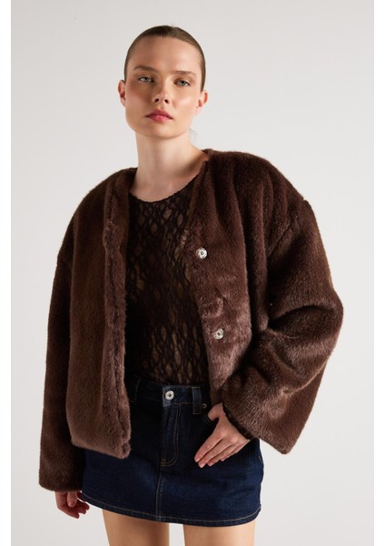 Kadın Kahve Seyyar Yakalı Tasarım Kürk Kaban 30082