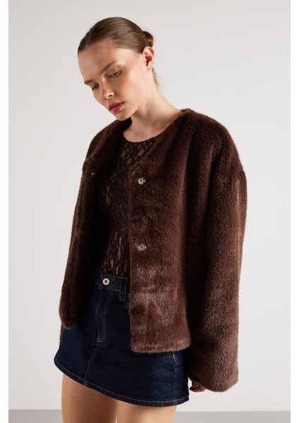 Kadın Kahve Seyyar Yakalı Tasarım Kürk Kaban 30082