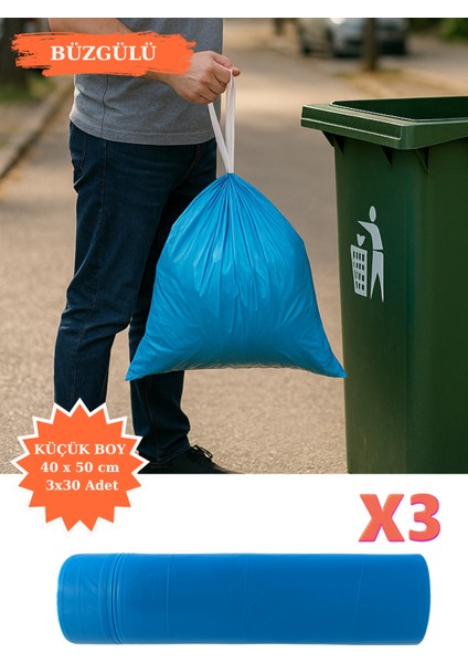 Premium Büzgülü Küçük Boy Çöp Poşeti 40X50 cm 3X30 Adet Ev Mutfak Iş Ofis Avantajlı Ekonomik Paket