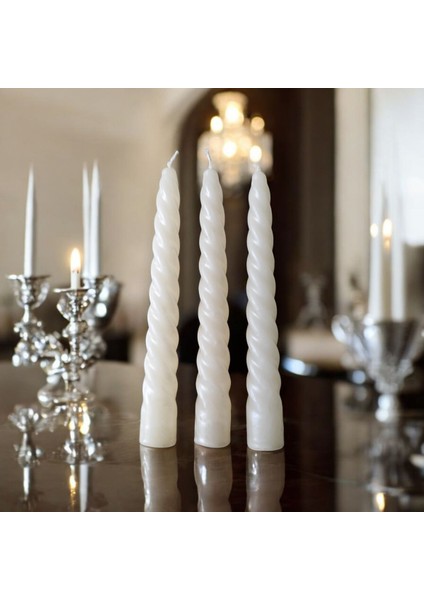 3'lü Parlak Krem - İtalyan Burgulu - Şamdan Mum- Kıvrımlı Mum-