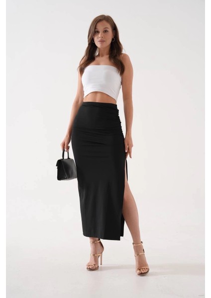 Mtxdpn Uzun Yırtmaçlı Ince Kumaş Etek Siyah (Beden: S)
