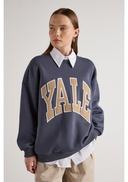 Kadın Füme Nakışlı Şardonlu Oversize Sweatshirt 30080