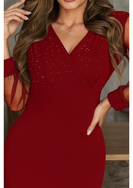 Kadın Uzun Kollu Kruvaze Yakalı Taşlı Mini Ithal Krep Elbise fiyatları