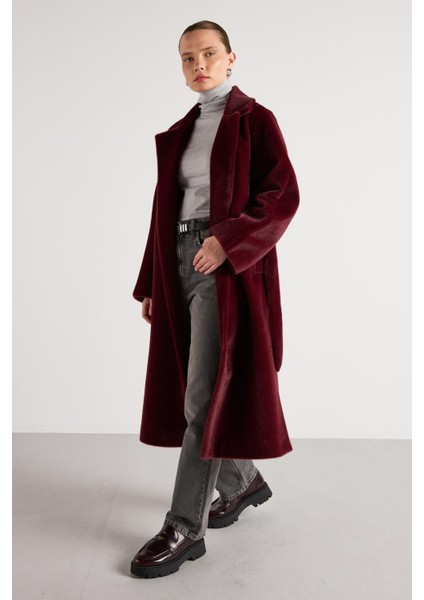 Pelüş Astarlı Uzun Kemer Detaylı Kaban Bordo fiyatları
