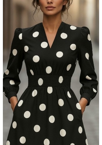 Kadın Uzun Kollu V Yakalı Beli Lastikli Puantiyeli Uzun Krep Elbise fiyatları