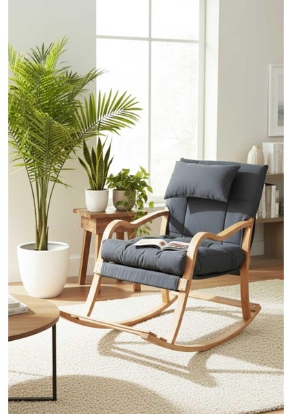 Paşa Ahşap Sallanan Sandalye, Çıkartılabilir Kılıflı Minderli, Boyun Yastıklı Dinlenme Koltuğu Emzirme Koltuğu Füme