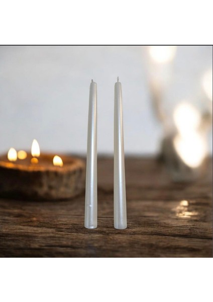 2'li Metalik İnci Beyaz-Şamdan Mum-Konik Mum