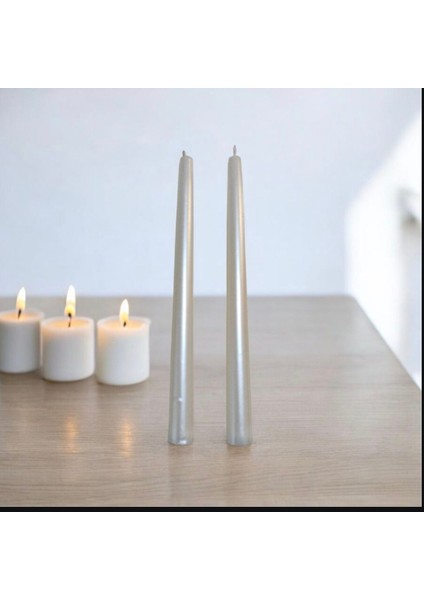 2'li Metalik İnci Beyaz-Şamdan Mum-Konik Mum