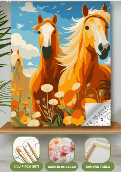Sayılarla Boyama Seti 40X50 cm (Çıtalı) Fırça Boya Dahil Numaralı Tuval Üç At