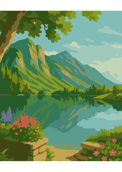 Sayılarla Boyama Seti 40X50 cm (Çıtalı) Fırça Boya Dahil Numaralı Tuval Dağ Manzara