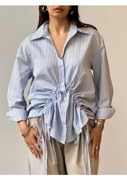 Mtxdpn Önü Büzgü Detaylı Çizgili Gömlek Mavi (Beden: S)