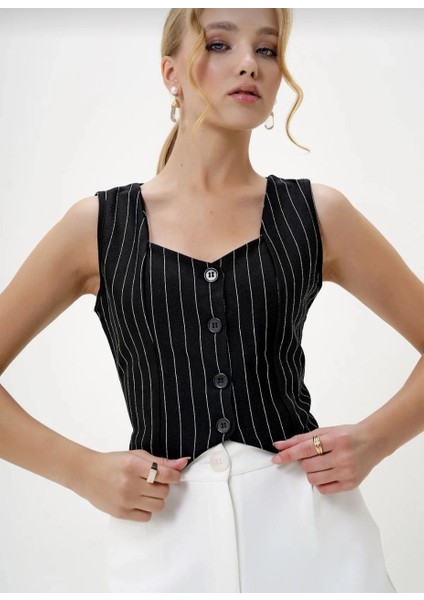 Mtxdpn Çizgili Krep Düğmeli Yelek Siyah S3395 (Beden: Xl)