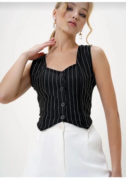 Mtxdpn Çizgili Krep Düğmeli Yelek Siyah S3395 (Beden: Xl) modelleri