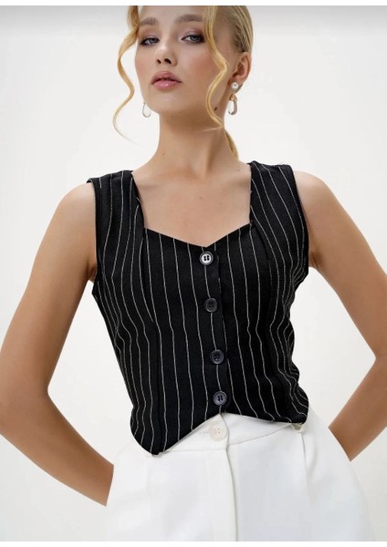 Mtxdpn Çizgili Krep Düğmeli Yelek Siyah S3395 (Beden: Xl) indirimleri