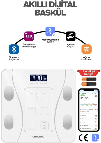 Dijital Baskül Yağ Su Kas Vücut Kitle Endeksi Kilo Ölçer 2 Ad Pil Hediyeli Smartness Tartı