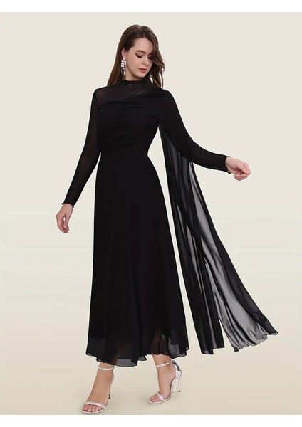 Kadın Uzun Kollu Yarı Balıkçı Yaka Tül Detaylı Uzun Sandy Elbise indirimleri