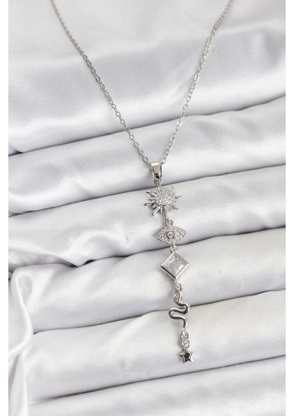 Bfs 316L Çelik Zincir Gümüş Renk Güneş ve Enerji Model Kadın Y Kolye