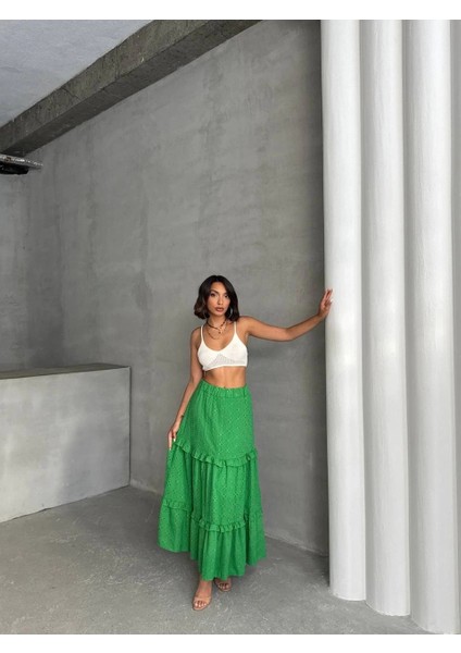 Mtxdpn Fırfırlı Brodeli Astarlı Uzun Etek Yeşil S255047 (Beden: Xl) fiyatları