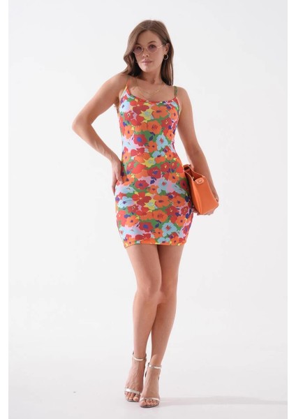 Mtxdpn Kadın Ince Askılı Desenli Elbise S8105 Turuncu (Beden: M) fırsatları